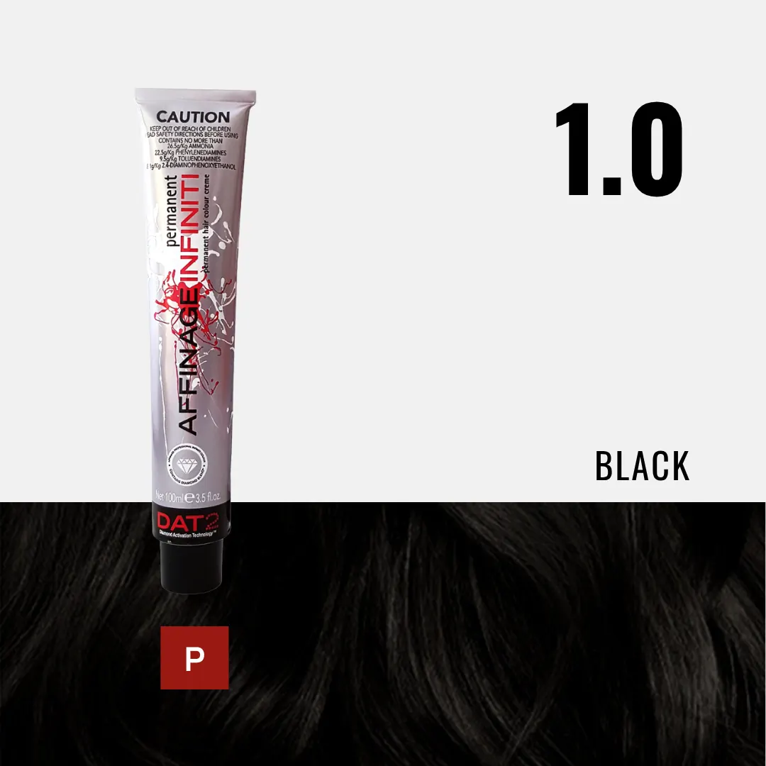 Tube med Affinage Infiniti permanent hårfarve, nuance 1.0 sort